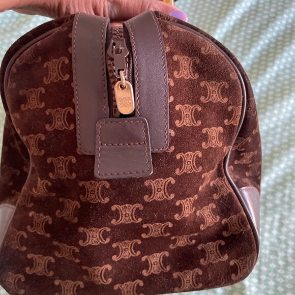 CELINE VINTAGE BOSTON BAG BROWN SUEDE WITH LOGO PRINT - Picture 4 of 7